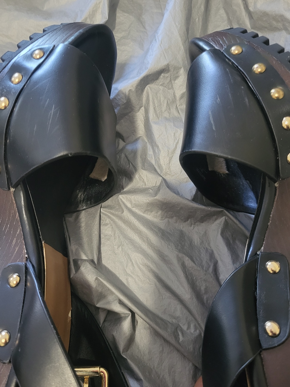 Zara Studded Black Leather Platform Sandals with Chunky Wood Heel - Picture 10 of 13